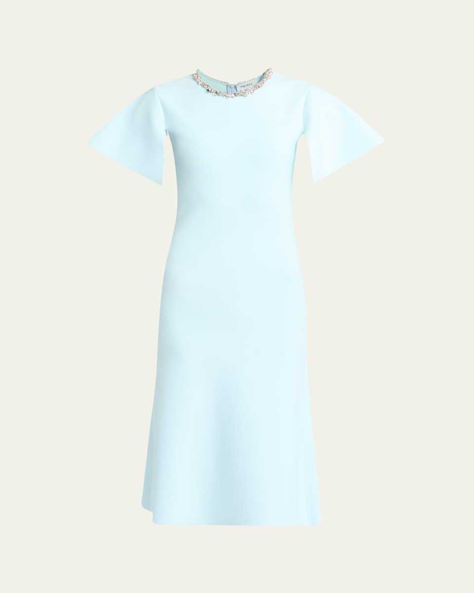 Crystal Neck Short-Sleeve Knit Midi Dress